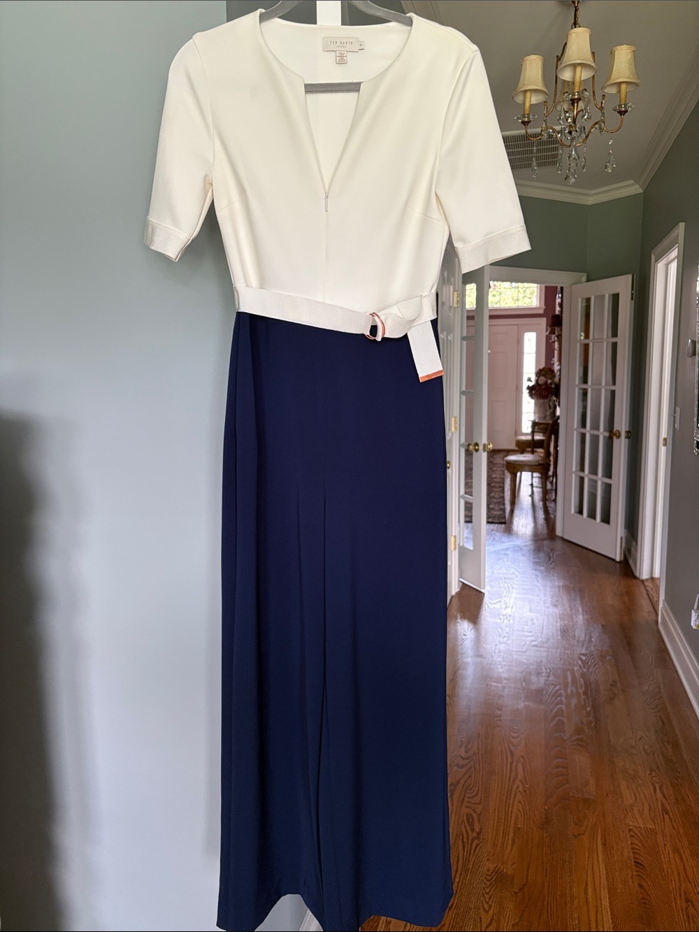 Ted Baker Navy and White V-Neck Belted Wide-Leg Pantsuit